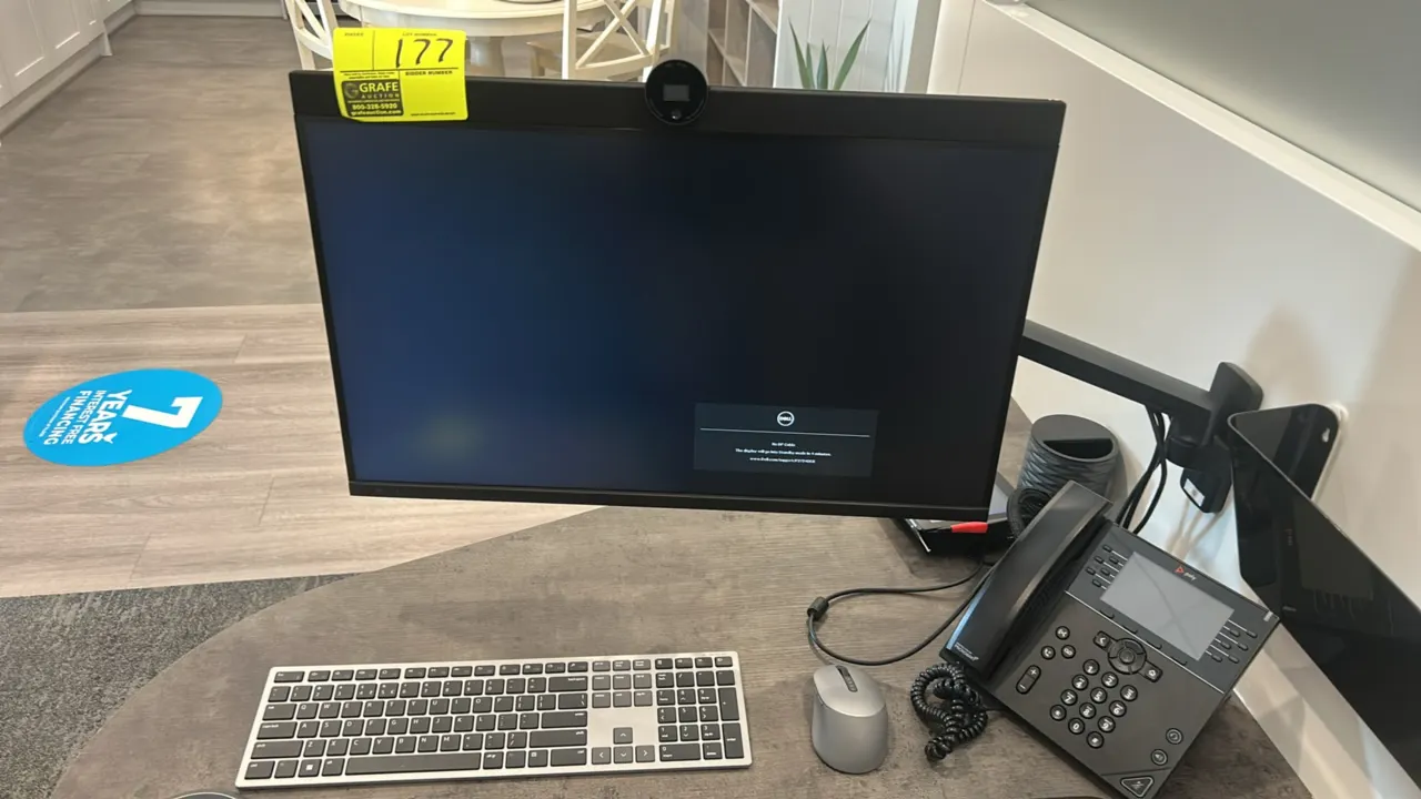 Dell P2724DEB 27" flat panel monitor. Features integrated top webcam. Includes keyboard, mouse, and articulating wall mount. Electrical: 240V. Desk, p