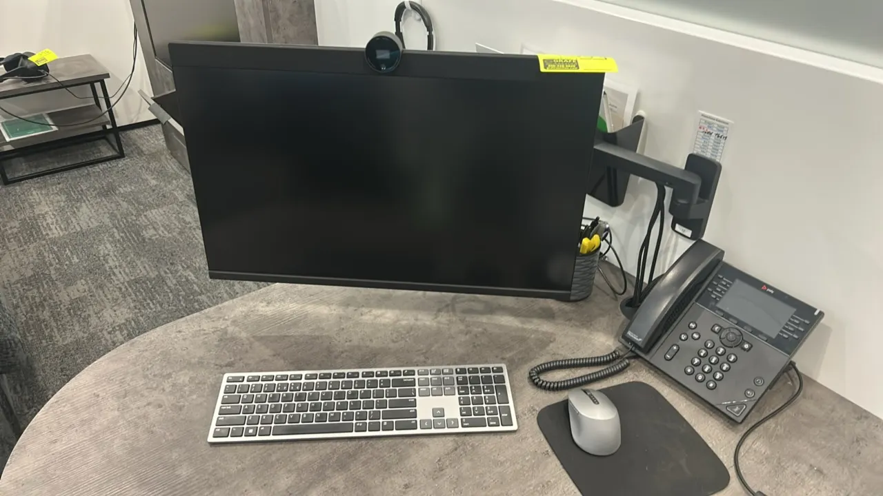 Dell P2724DEB 27" flat panel monitors. Features integrated webcams. Includes keyboards, mice, and articulating wall mounts. Electrical: 240V. Note: De