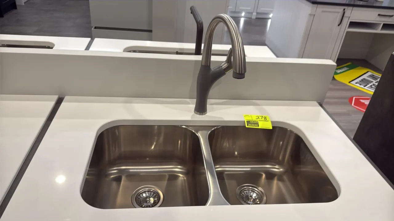 Stainless steel 50/50 double-bowl undermount sink with Blanco pull-down faucet. Features dual equal-sized basins with basket strainers and a dual-tone