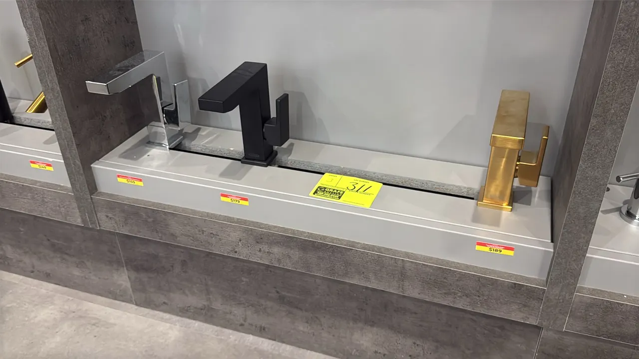 Pioneer Aras single-handle vanity faucets. Features modern square-body design with single-lever side control. Includes (1) chrome, (1) matte black, an