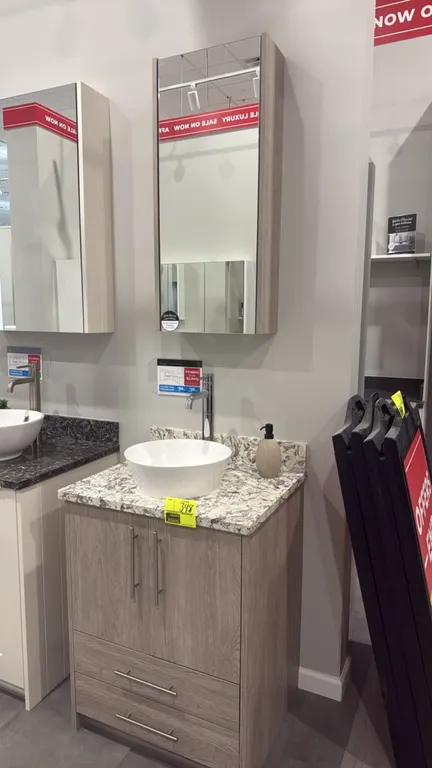Infinity Plus Elements vanity cabinet and medicine cabinet set in limed oak matte finish. Features 2-door vanity base with 2 lower drawers, patterned
