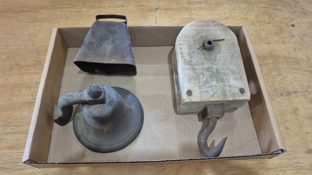 COW BELL, CAST IRON BELL, AND PULLEY W/ HOOK