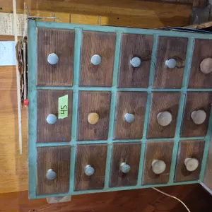 WOOD ORGANIZER CABINET WITH CONTENTS