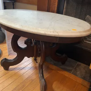 Antique Wooden Oval Side Table with Marble Top