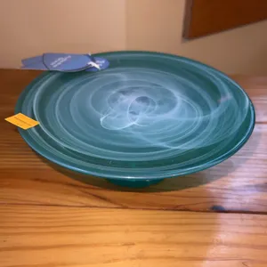 Alabaster Glass Teal Swirl Glass Pedestal Cake Plate