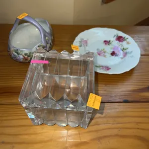 Clear Glass Lidded Cube Trinket Dish, Floral Patterned China Plate, Floral Patterned Footed Basket