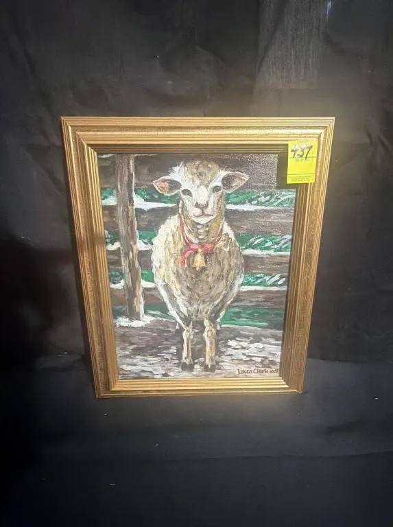 Laura Clark Signed Sheep Painting in Gold Frame