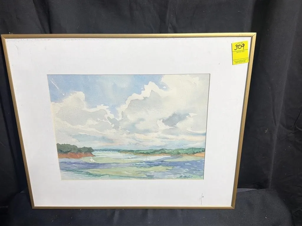 Framed Coastal Landscape Watercolor Painting