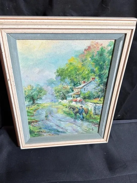 Framed Pastoral Horse and Rider Oil Painting