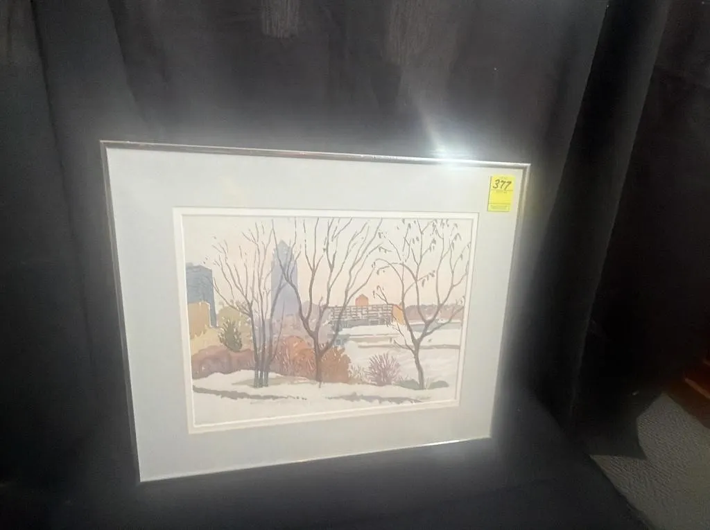 Framed Winter Landscape Watercolor Painting