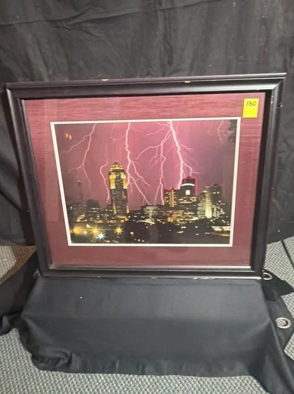 Framed Cityscape Lightning Storm Photograph