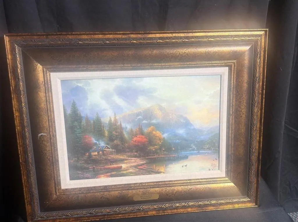 Thomas Kinkade Mountain Lake Cabin Framed Art