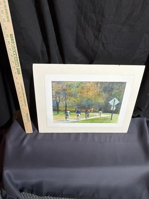 Framed Cyclist Park Scene Watercolor Print