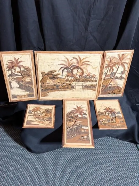 Set of 6 Tropical Straw Art Wall Plaques