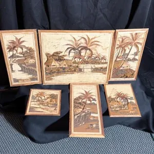 Set of 6 Tropical Straw Art Wall Plaques