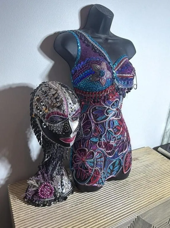 Beaded Bustier and Embellished Head Sculpture
