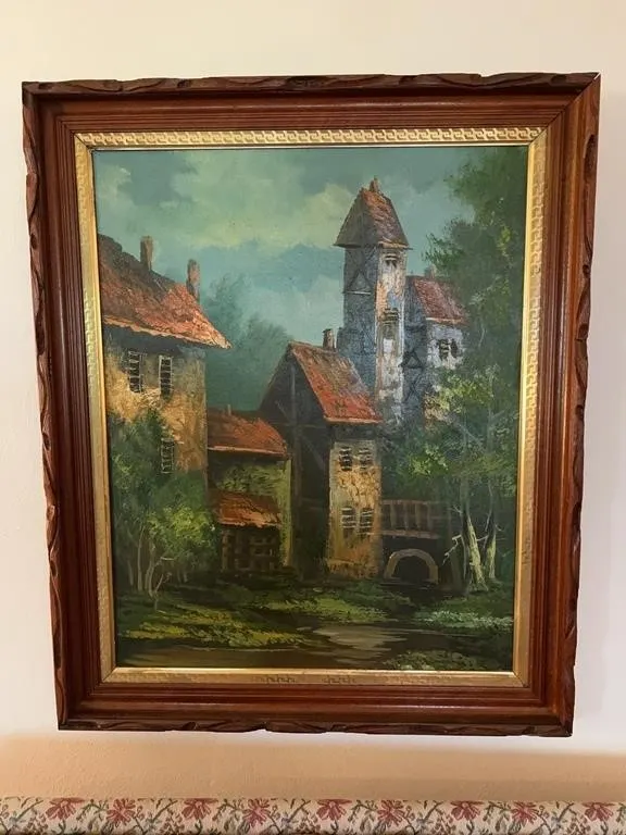Framed European Architectural Village Scene Oil on