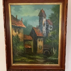 Framed European Architectural Village Scene Oil on
