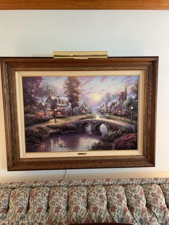 Framed Thomas Kinkade Sunset on Lamplight Lane Can