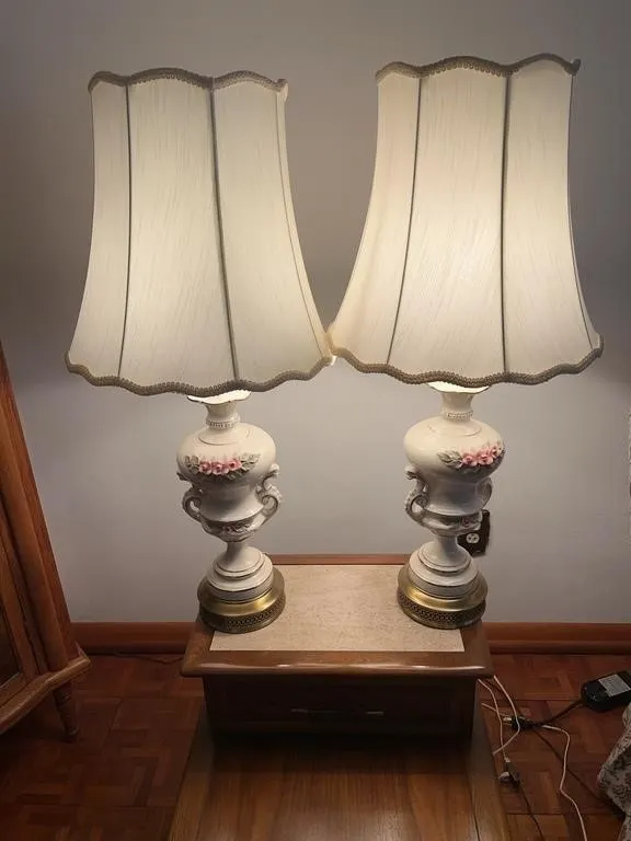 Pair of Porcelain Urn Table Lamps With Applied Ros