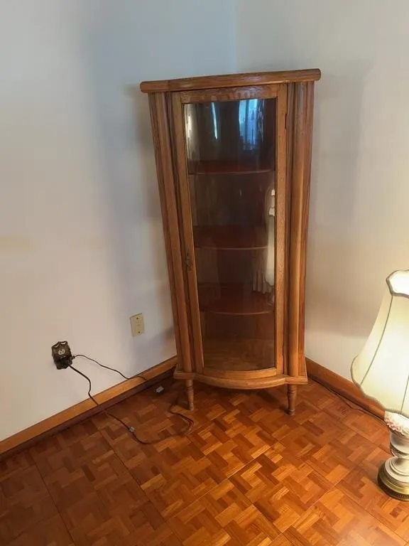 Oak Curved Glass Corner Curio Display Cabinet