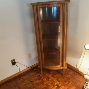 Oak Curved Glass Corner Curio Display Cabinet
