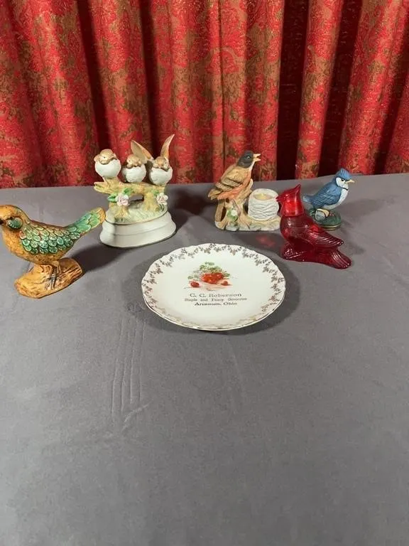 Assorted Bird Figurines Including Red Glass Cardin