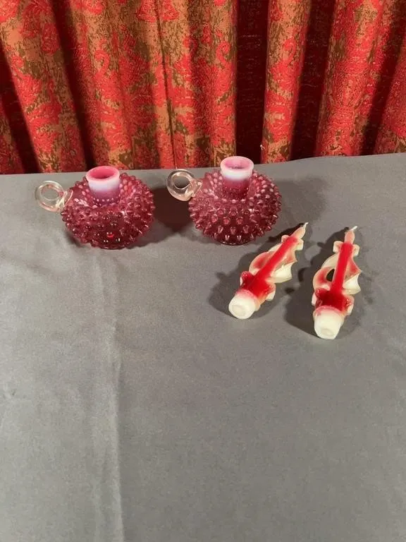 Fenton Cranberry Opalescent Hobnail Handled Candle
