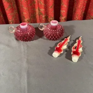 Fenton Cranberry Opalescent Hobnail Handled Candle