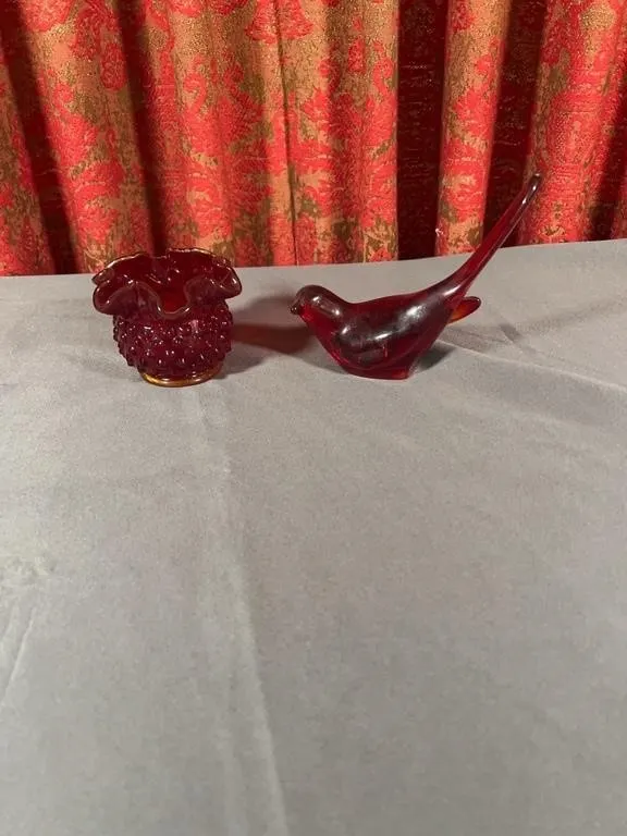 Ruby Red Glass Bird Figurine and Fenton Hobnail Ru