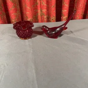Ruby Red Glass Bird Figurine and Fenton Hobnail Ru