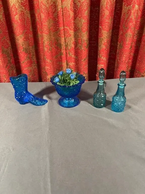 Blue Pressed Glass Slipper Compote Bowl and Cruet