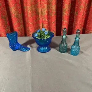 Blue Pressed Glass Slipper Compote Bowl and Cruet