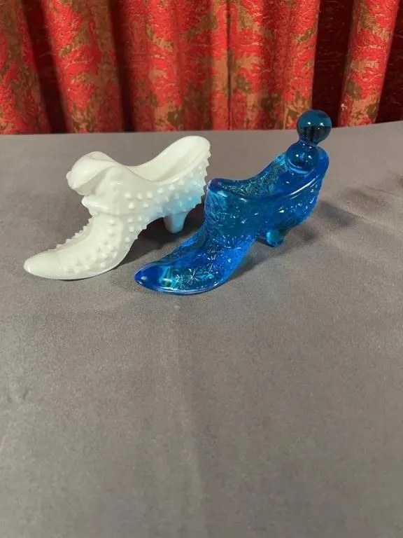 Fenton White Milk Glass Hobnail Shoe and Blue Pres