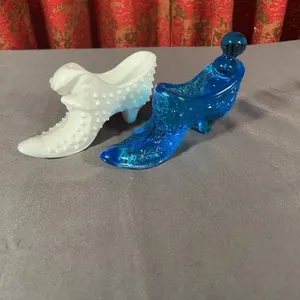 Fenton White Milk Glass Hobnail Shoe and Blue Pres