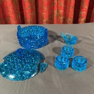 Blue Pressed Glass Lidded Butter Dish Salt Cellars
