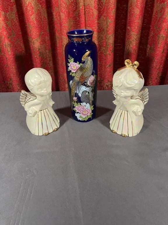 Japanese Cobalt Ceramic Vase With Pair Iridescent