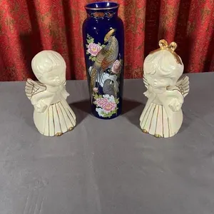 Japanese Cobalt Ceramic Vase With Pair Iridescent