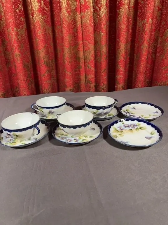 Japanese Floral Hand Painted Porcelain Teacups and