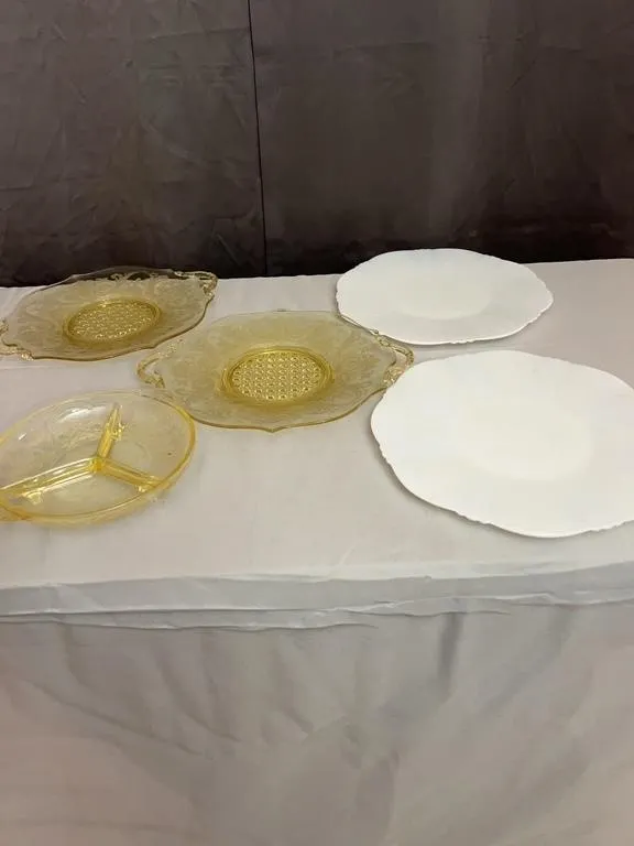 Yellow Depression Glass Serving Plates and White M