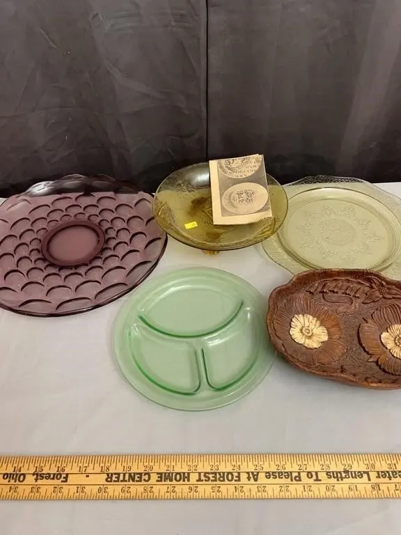 Assorted Depression Glass Dishes and Carved Floral
