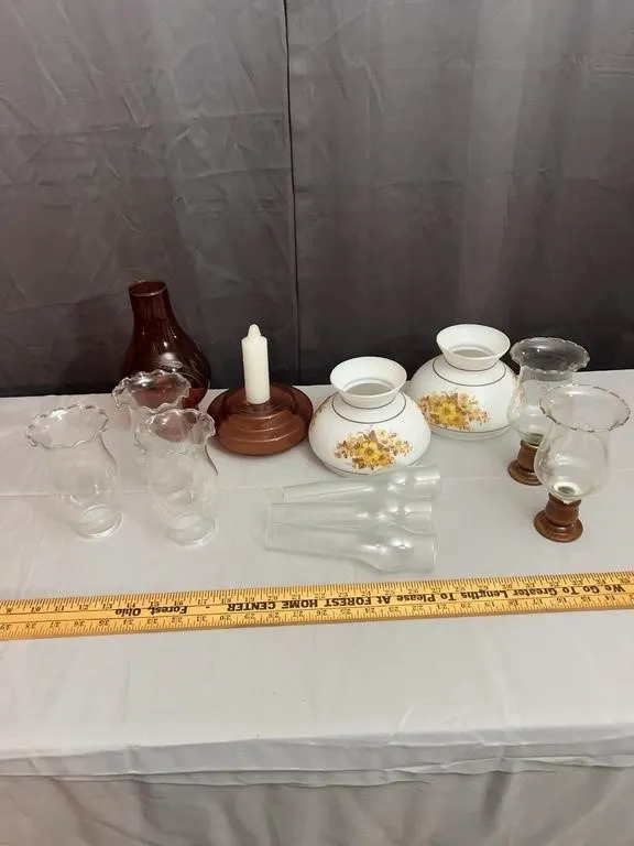 Assorted Glass Oil Lamp Chimneys Shades and Hurric