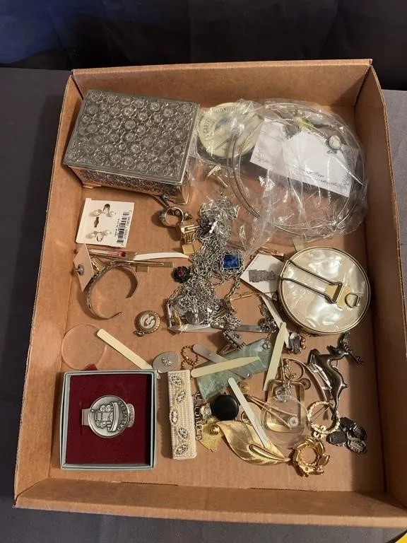 Mixed Costume Jewelry Lot with Trinket Box and Com