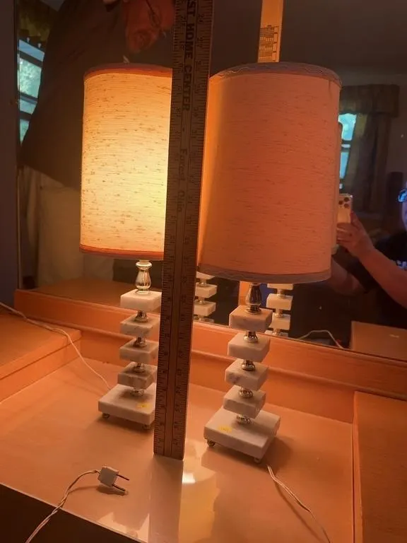Pair of Stacked Marble Block Table Lamps With Drum
