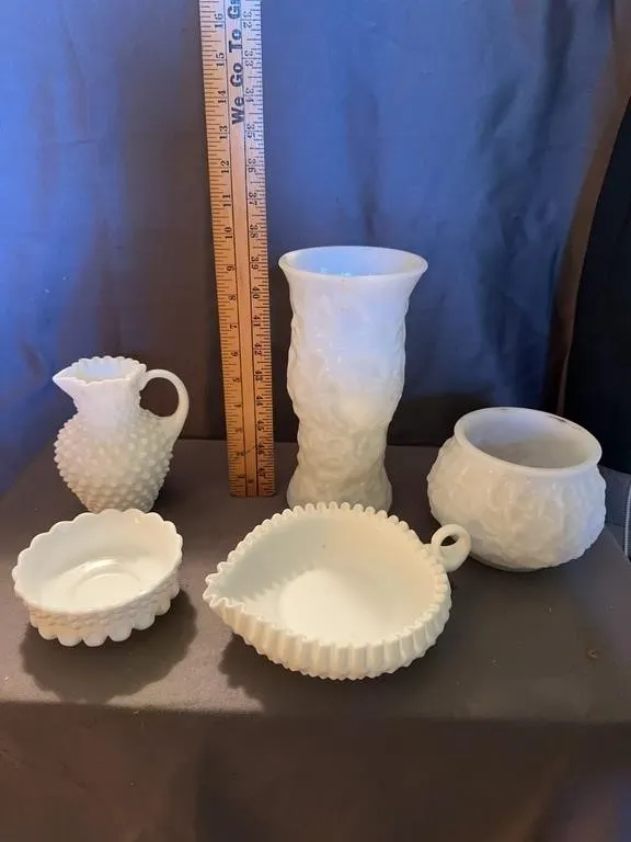 White Milk Glass Hobnail and Textured Vases and Di