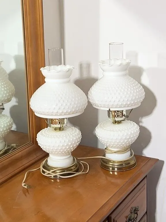 Pair of White Hobnail Milk Glass Hurricane Table L