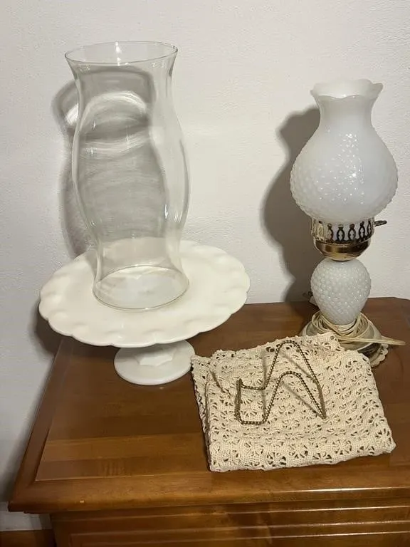 Fenton Hobnail Milk Glass Electric Lamp and Pedest
