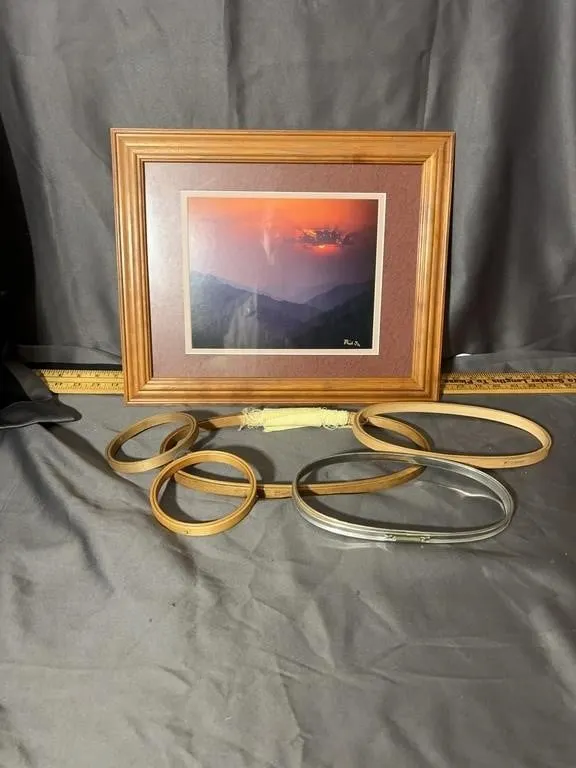 Framed Mountain Sunset Photograph and Assorted Emb