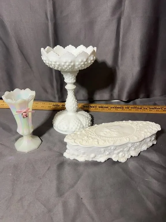 White Milk Glass Hobnail Compote and Cameo Vanity