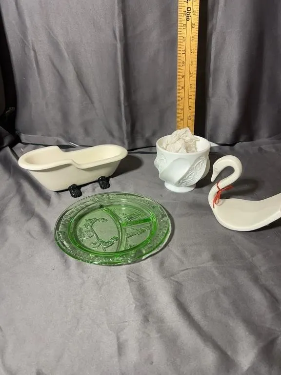 Green Glass Nursery Rhyme Plate with Milk Glass an